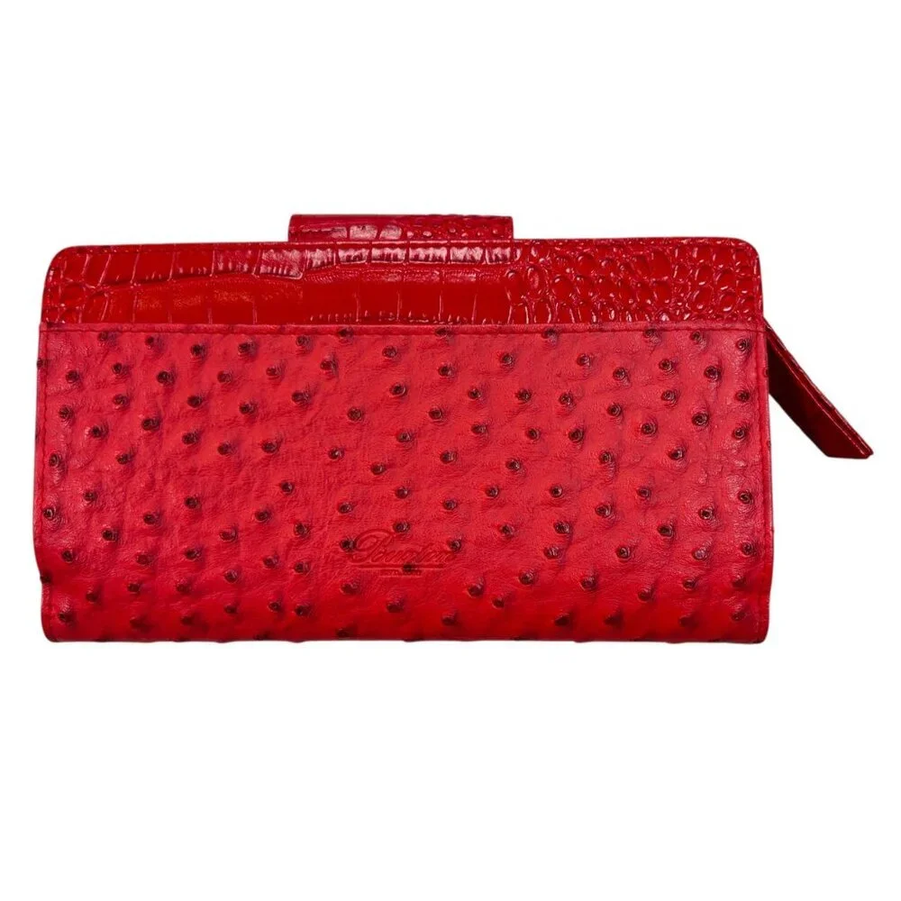 Buxton Red Vegan Leather Wallet Embossed Croc Ostrich Buckle Clasp Silver
